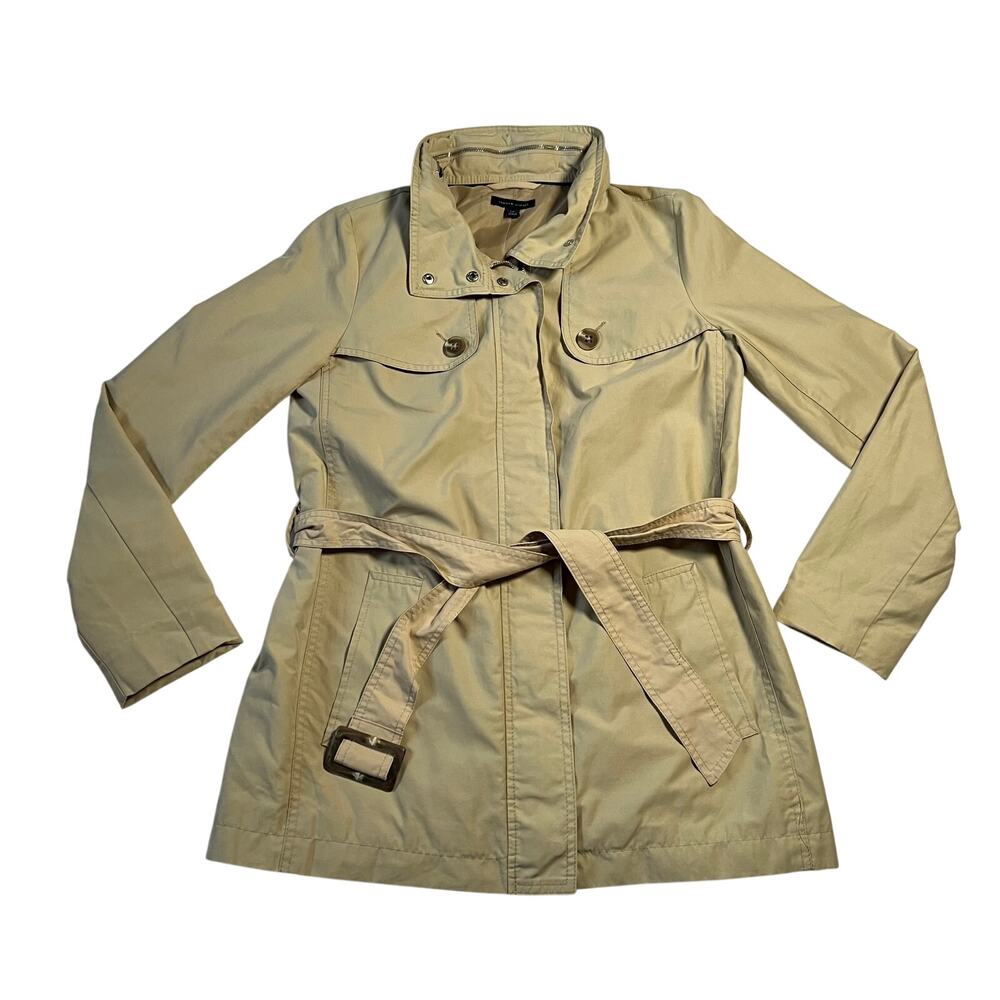 Tommy Hilfiger Full Zip Trench Coat w/ Belt Size S Hidden Hood Outerwear Classic